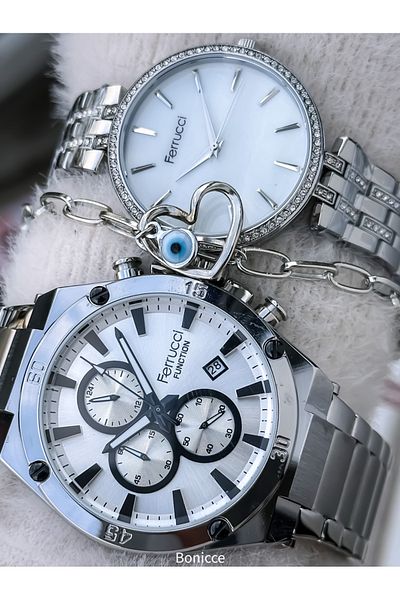 Ferrucci Brand Steel Cord,Silver Color, Lover Couple Wristwatches Rosary Bracelet