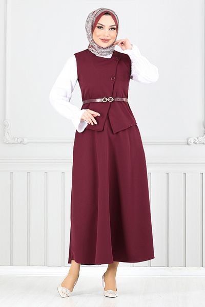 ModaMerve Costum cu fustă cu curea - Roșu Claret Model 5704ZNK903-M