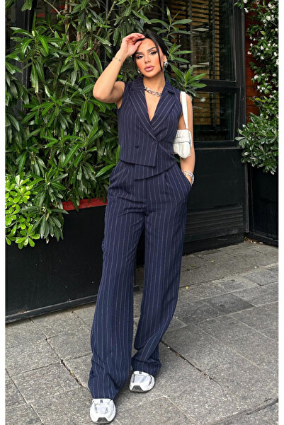 pembekurdelem Kadın Tasarım Çizgili Yelek Pantolon Takım Lacivert