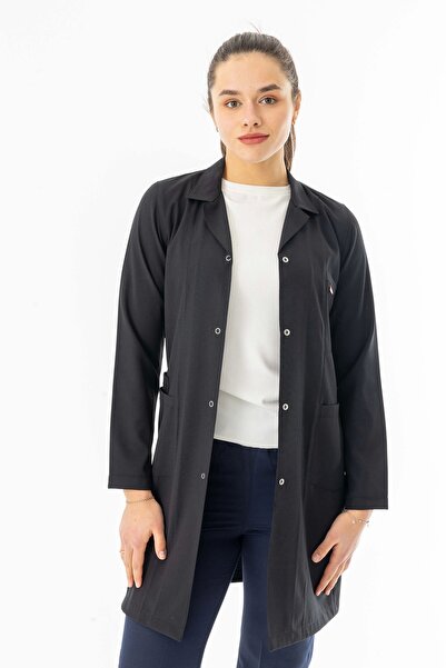 112Giyim Spor Yaka Uzun Kol Kadın Doktor Hemşire Öğretmen Önlüğü Siyah (RNK102)