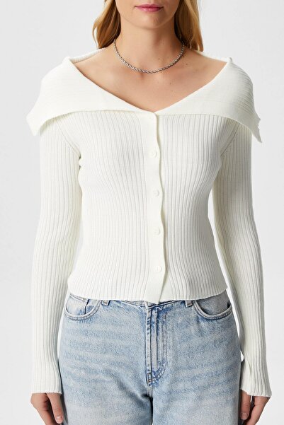 Ritnice Women's Terra Corded Ecru Buttoned Knitwear Cardigan