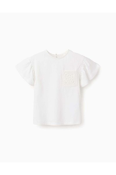 Ziddy Cotton T-shirt with Crochet Detail for Girls, White