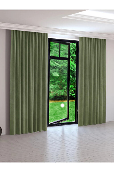 Perdexpress Soft Concept Kadife Dokulu Haki Yeşili Ada Fon Perde