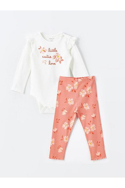 LC Waikiki Crew Neck Short Sleeve Baby Girl Snapback Bodysuit and Leggings 2-Piece Set (W4)