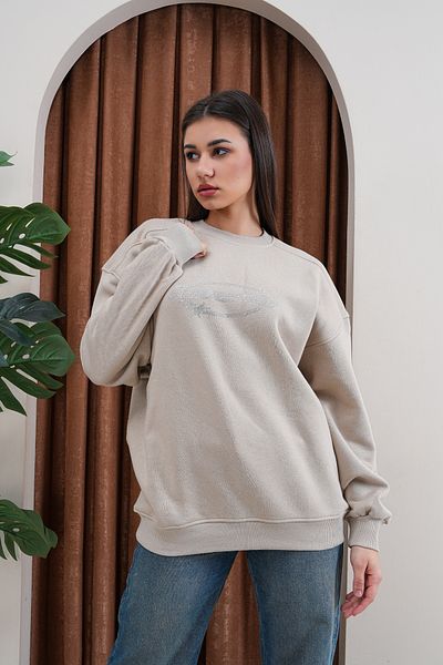 JANSO GROUP - Women's Reverse Stone Printed Sweatshirt 3 Thread Compact Fabric Oversize
