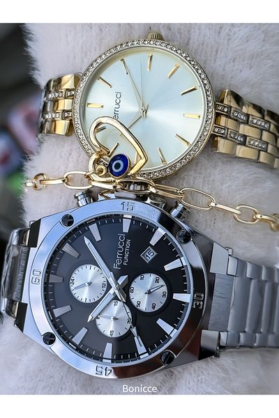 Ferrucci Brand Steel Cord,Silver Yellow Color, Lover Couple Wristwatches Rosary Bracelet