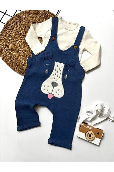 cacobutik Baby Boy Dog Printed Waffle Fabric Salopet Suit