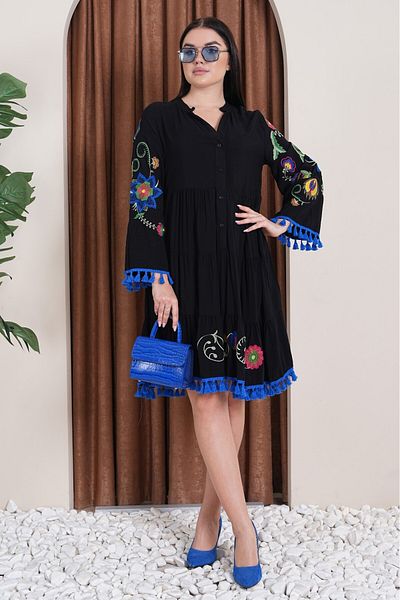 AYASOFYA OTANTIK Women's Black Buttoned Placket Collar Embroidery Embroidered Pompom Tassel Detailed Long Sleeve Midi Dress