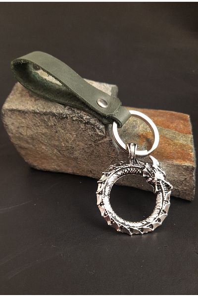 BSN Store Premium Khaki Green Genuine Leather Key Chain Accessory with Nordic Self-Eating Snake Dragon Figure