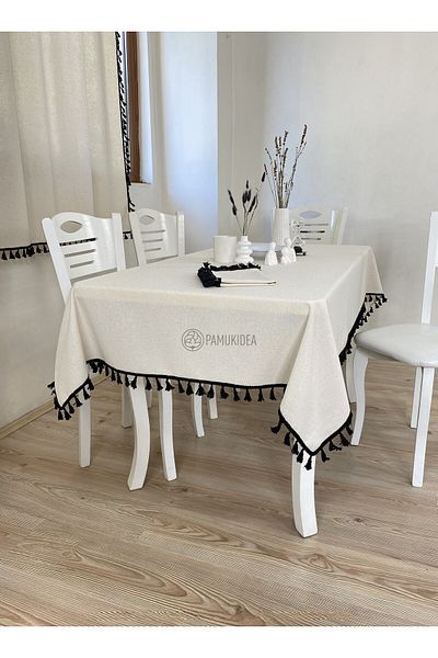 pamukidea Black Tasseled 100% Cotton Buldan Organic Beige Linen Bohemian Table Cloth