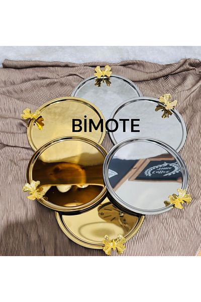 BİMOTE Set of 6 Stainless Steel 21.cm Round Tea, Coffee, Pastry Serving Tray Decorative Presentation Tray