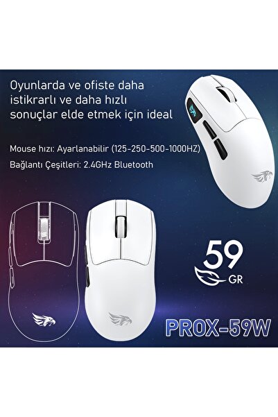 gameagle PROX-59W Serisi Hafif Kablosuz 3 Mode Oyuncu Gaming Optik Mouse (Beyaz)
