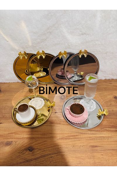 BİMOTE Set of 6 Stainless Steel 21.cm Round Tea, Coffee, Pastry Serving Tray Decorative Presentation Tray
