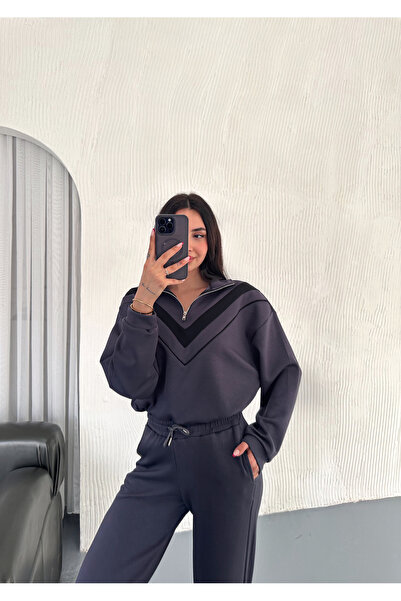 dignus طقم قماش مودال مع ياقة واقفة ونصف سحاب مزخرف