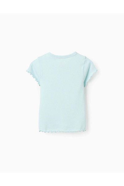 Ziddy Ribbed T-shirt with Flower Embroidery for Girls, Light Blue