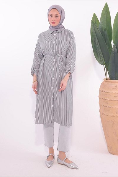 TRENDTESETTÜR Women's Black Striped Long Tunic t 7174