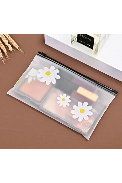 ÇET PACK 5 ADET PAPATYA DESENLİ FERMUARLI BUZLU KOZMETİK AMBALAJI TEKSTİL POŞETİ KALEMLİK 17X12