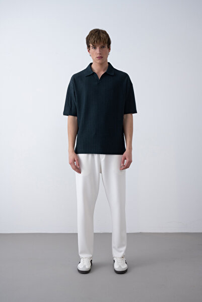 İLKCET MODA V Neck Petrol Oversize Ribbed Men's Tshirt