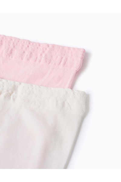Ziddy Pack of 2 Microfiber Tights for Girls, White/Pink