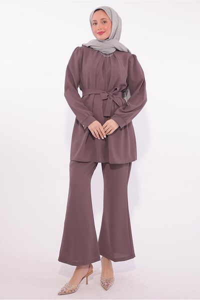 TRENDTESETTÜR Women's Plum Necklace Detailed Pants Suit t 7674