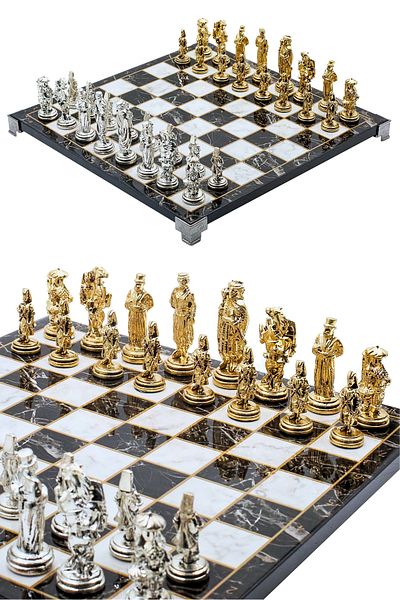 Cooper Chess 30cm Marble Patterned Metal Chess Set with Ottoman Janissary Figure, Decorative Gift Chess Set