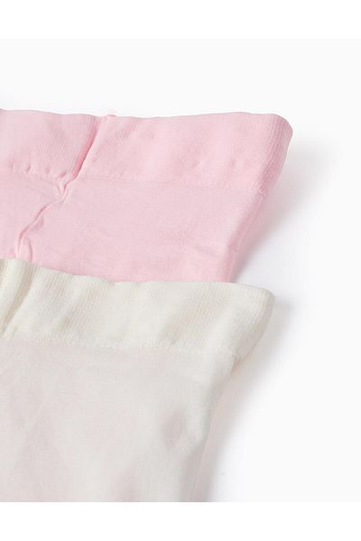 Ziddy Pack of 2 Microfiber Tights for Baby Girls, White/Pink