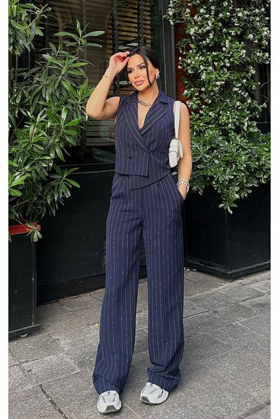 pembekurdelem Set de pantaloni cu vestă cu dungi de design pentru femei (albastru marin)