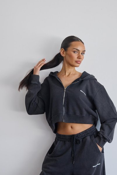 South Coast Black Faded Effect Crop Hoodie and Sweatpants Set