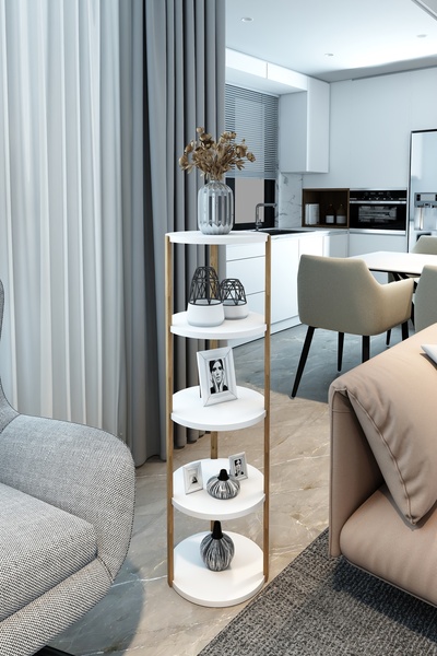 Jest Dekor Konsept Miray Beyaz 5 Katlı Yuvarlak Ahşap Çok Amaçlı Sehpa / Saksılık-Çiçeklik / Dekoratif Raf