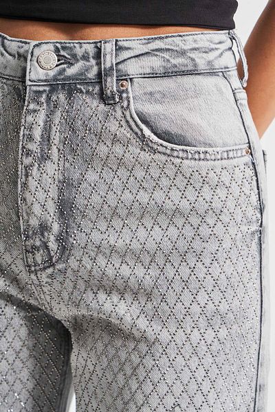 its basic Women's Gray Color T-4S5-12 Straight Fit Stretch Fabric Shiny Stone Inner Length 80cm Design Denim Jean