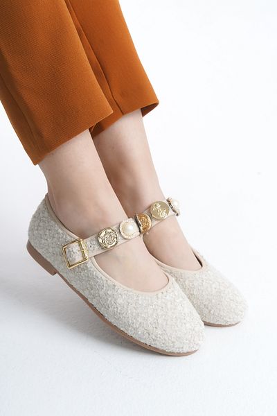 Nexs Daily Women's Ecru Knitwear Ballerina Strap Adjustable Buckle Lightweight Comfortable Shoes Narrow Fit