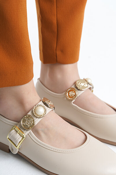 Nexs Pantofi de zi cu zi pentru femei, piele bej, balerină, cu curele, cu cat...