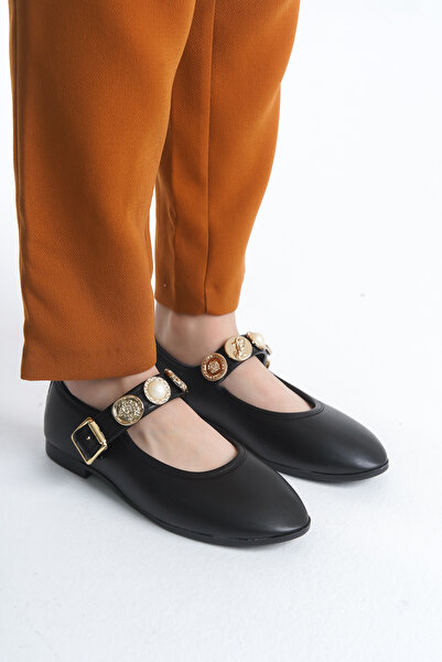 Nexs Pantofi de zi cu zi pentru femei, piele neagră, cu curele de balerină, c...