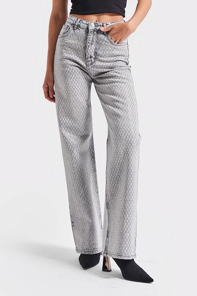 its basic Women's Gray Color T-4S5-12 Straight Fit Stretch Fabric Shiny Stone Inner Length 80cm Design Denim Jean