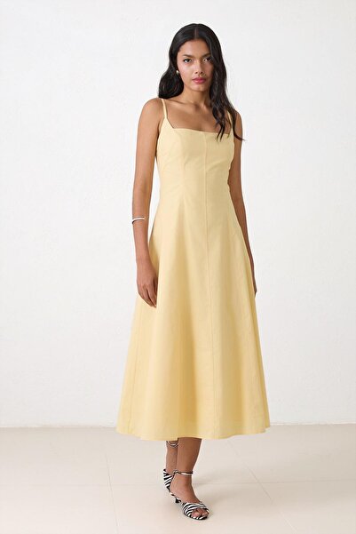 Setre Butter Yellow Slim Fit 100% Cotton Strap Waist Midi Length Slim Fit Dress