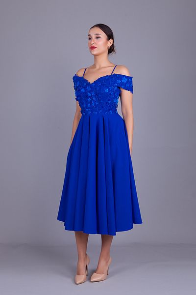 Bidoluelbise Sax Strap Off Shoulder Floral Tulle Detail Midi Length Flared Evening Dress