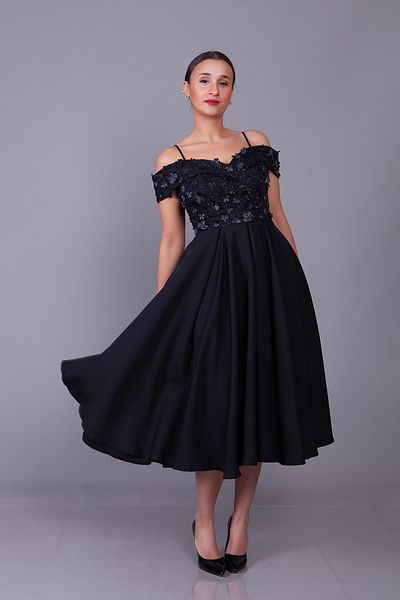 Bidoluelbise Black Straps Off Shoulder Floral Tulle Detail Midi Length Flared Evening Dress
