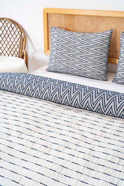 Rivaİstanbul Milena Navy Blue Double 100% Cotton Bedspread Set 3 Piece Sleep & Dowry Set