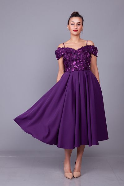 Bidoluelbise Plum Strap Off Shoulder Floral Tulle Detail Midi Length Flared Evening Dress