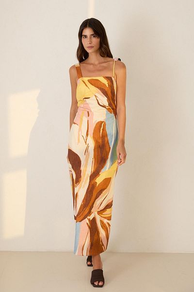 Setre Beige Thick Strap Detailed Waist Fitted Patterned Dress
