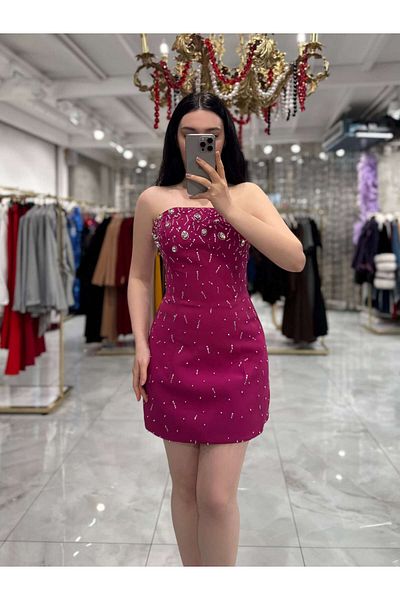 missswans Φόρεμα Janiya Fuchsia Mini Size - Ειδικό σχέδιο, Πλήρως Πέτρα Κεντημένο με Μαξιλαράκι στο Στήθος και Ταινία