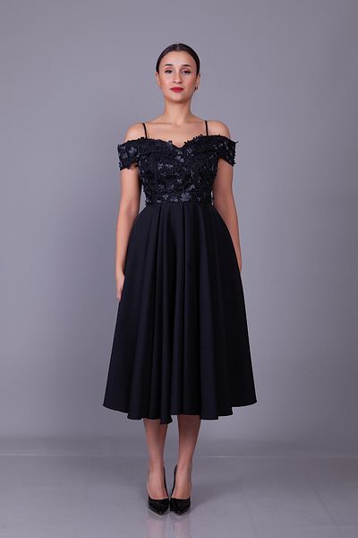 Bidoluelbise Black Straps Off Shoulder Floral Tulle Detail Midi Length Flared Evening Dress
