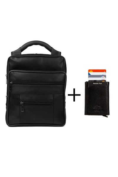 Newish Polo Men's Black Genuine Leather Shoulder Handbag and Mechanism Wallet New038