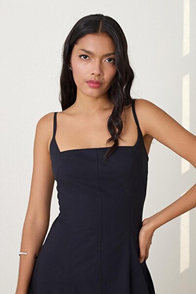 Setre Rochie neagră, 100% bumbac, cu bretele, cu talie midi, cu croială relaxată