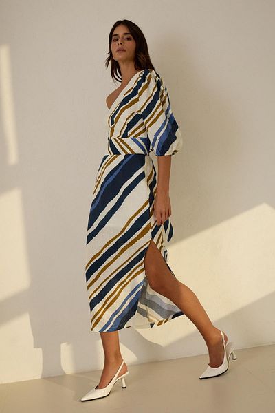 Setre Ecru - Navy Blue One Shoulder Detailed Waist Belted Patterned Wide Fit Linen Dress