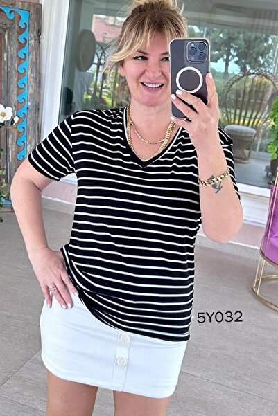 İnce Topuk Тениска от вискоза на райета с V-образно деколте 5y032