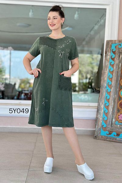 İnce Topuk Stone Printed Dress with Front Mesh Pocket 5Y049