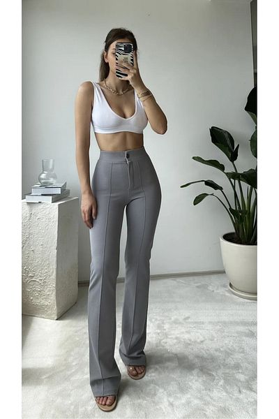 THIFF GYMWEAR Crepe Fabric Lycra Women's Gray Palazzo Trousers with Grass Front