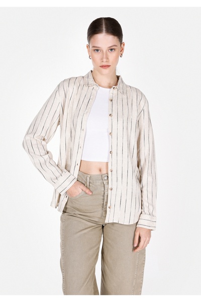 Colin's Cămașă cu mânecă lungă, bej, cu dungi, cu gâtul obișnuit