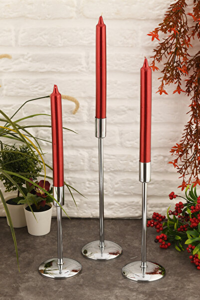 AKSESUAR EVRENİ Gianno Dekoratif Düz Tij Mumluk 3 Lü Takım Gümüş